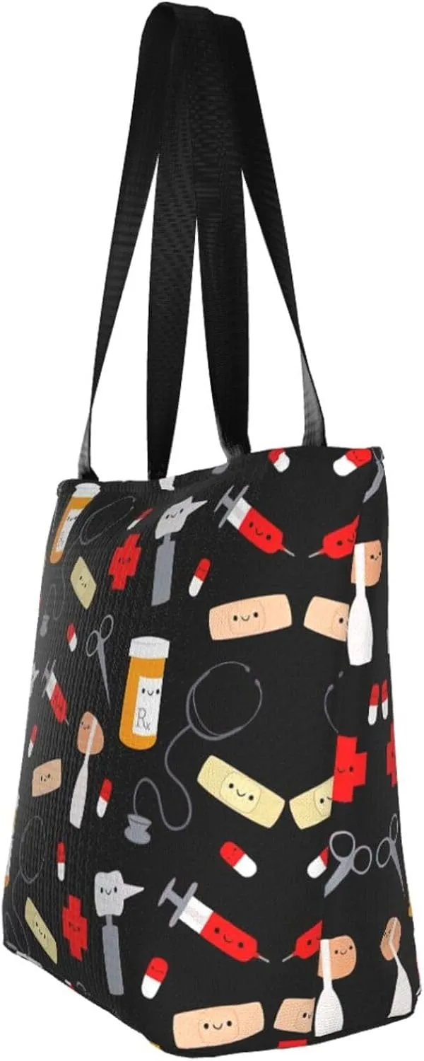 Cartoon Medicine Pattern Print Shoulder Tote Bag Women'S Large Size Handbag Casual Tote Shopping Bag For Women Fashion Travel