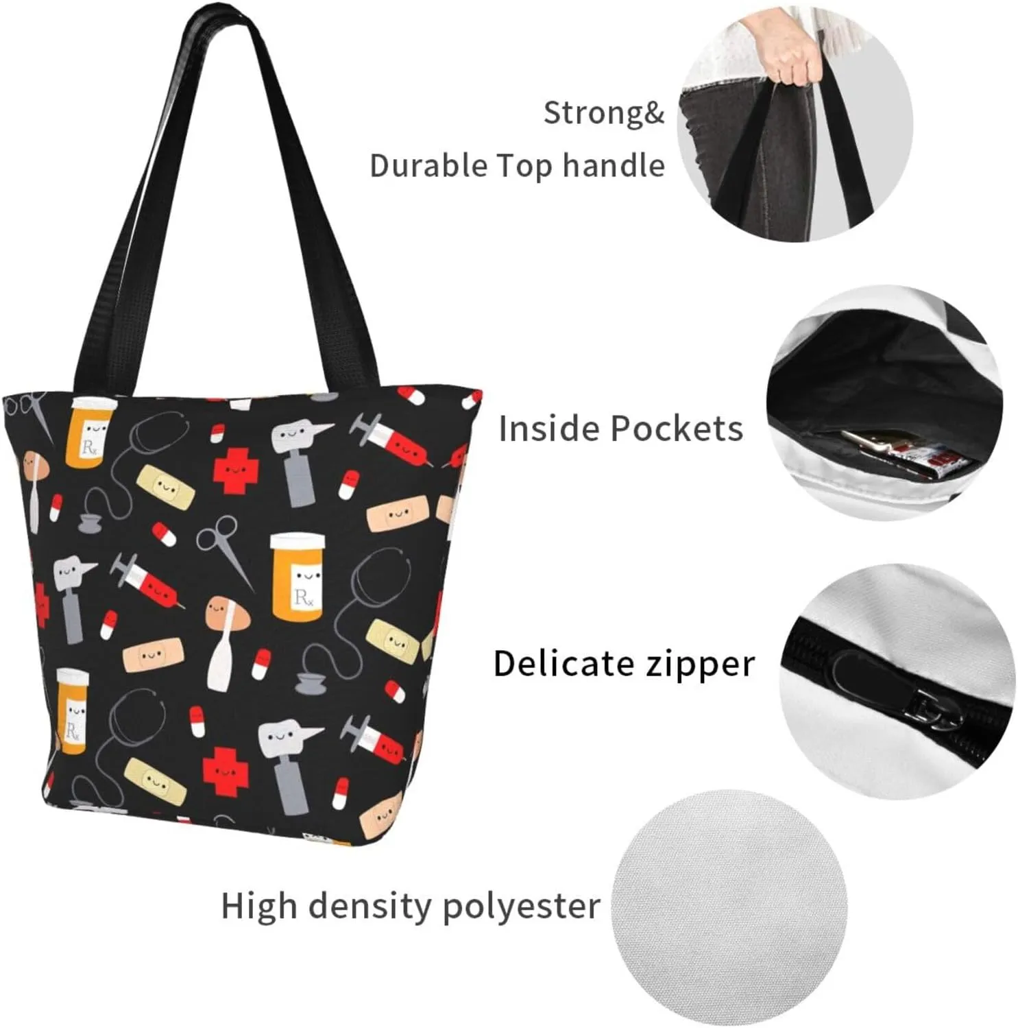 Cartoon Medicine Pattern Print Shoulder Tote Bag Women'S Large Size Handbag Casual Tote Shopping Bag For Women Fashion Travel