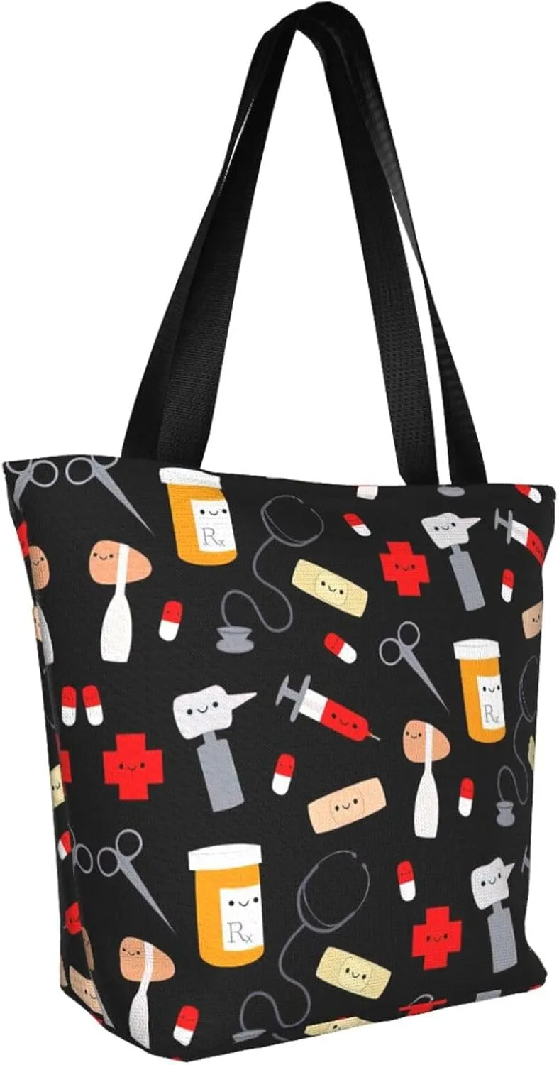 Cartoon Medicine Pattern Print Shoulder Tote Bag Women'S Large Size Handbag Casual Tote Shopping Bag For Women Fashion Travel