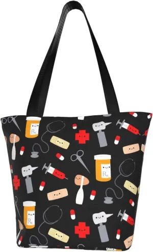 Cartoon Medicine Pattern Print Shoulder Tote Bag Women'S Large Size Handbag Casual Tote Shopping Bag For Women Fashion Travel