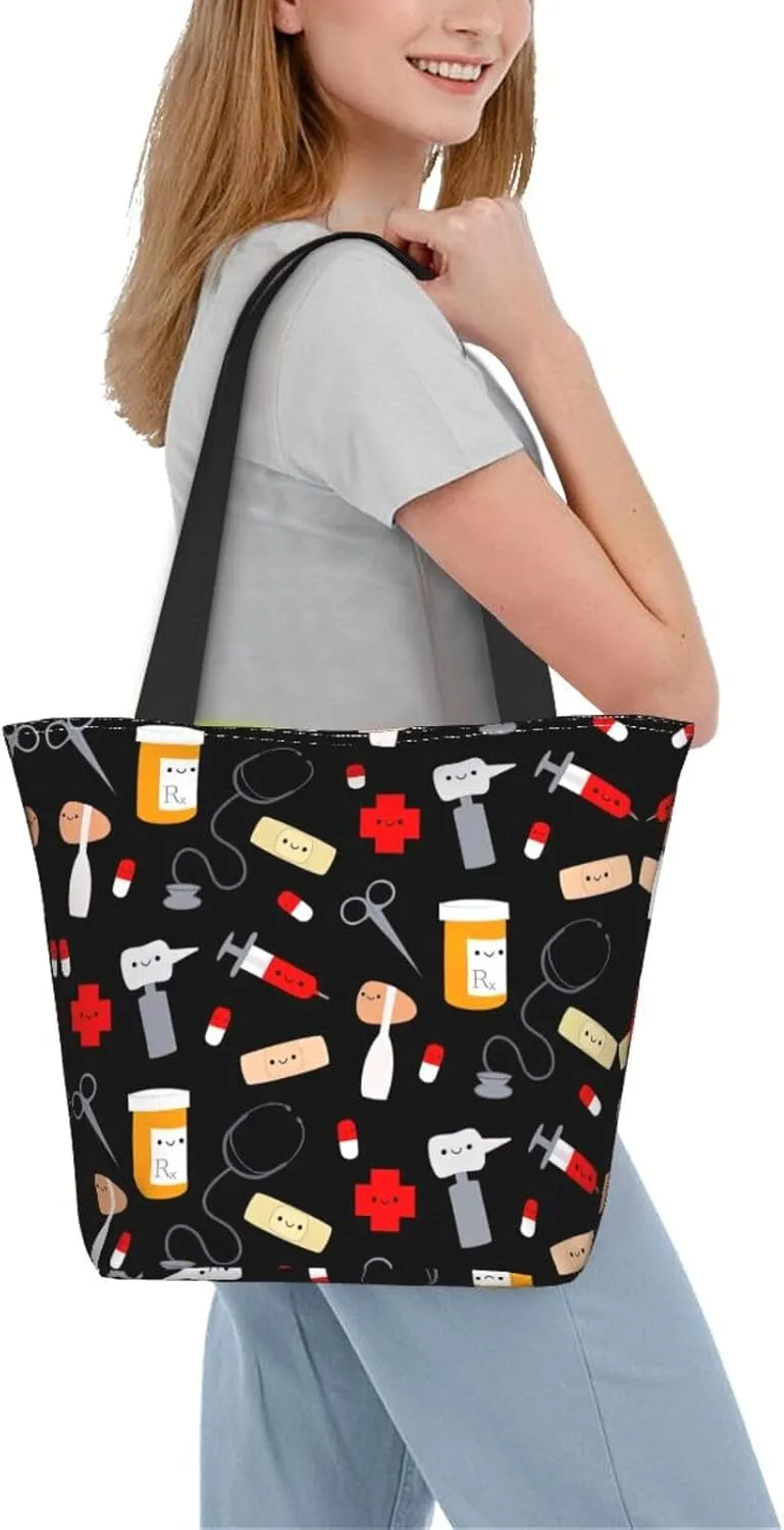Cartoon Medicine Pattern Print Shoulder Tote Bag Women'S Large Size Handbag Casual Tote Shopping Bag For Women Fashion Travel