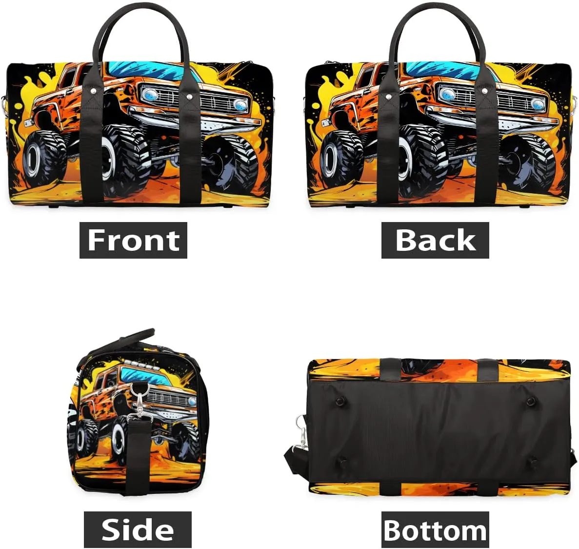 Cartoon Monster Cars Travel Duffel Bag for Women Men Waterproof Foldable Overnight Weekender Bag Large Capacity Sports Gym Bag