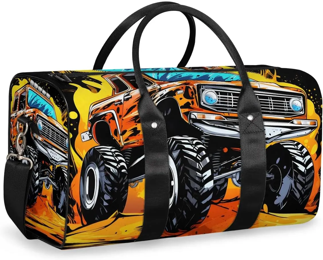 Cartoon Monster Cars Travel Duffel Bag for Women Men Waterproof Foldable Overnight Weekender Bag Large Capacity Sports Gym Bag