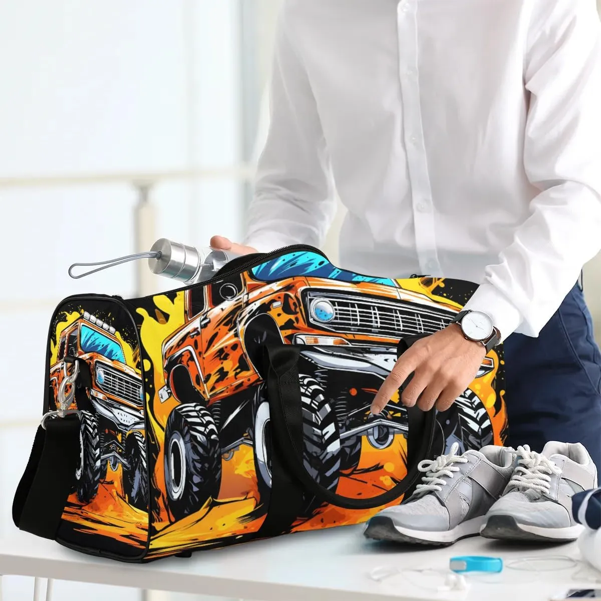 Cartoon Monster Cars Travel Duffel Bag for Women Men Waterproof Foldable Overnight Weekender Bag Large Capacity Sports Gym Bag