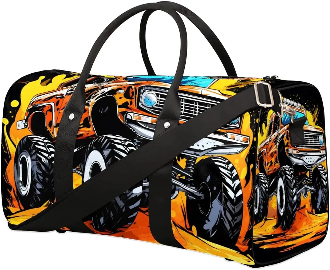 Cartoon Monster Cars Travel Duffel Bag for Women Men Waterproof Foldable Overnight Weekender Bag Large Capacity Sports Gym Bag