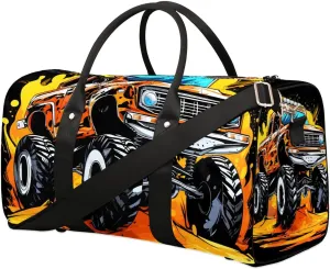 Cartoon Monster Cars Travel Duffel Bag for Women Men Waterproof Foldable Overnight Weekender Bag Large Capacity Sports Gym Bag