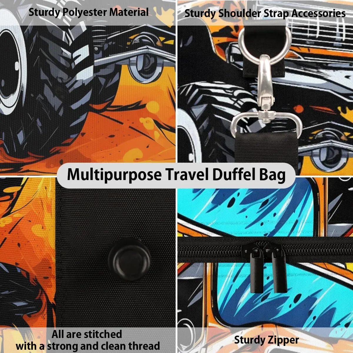 Cartoon Monster Cars Travel Duffel Bag for Women Men Waterproof Foldable Overnight Weekender Bag Large Capacity Sports Gym Bag