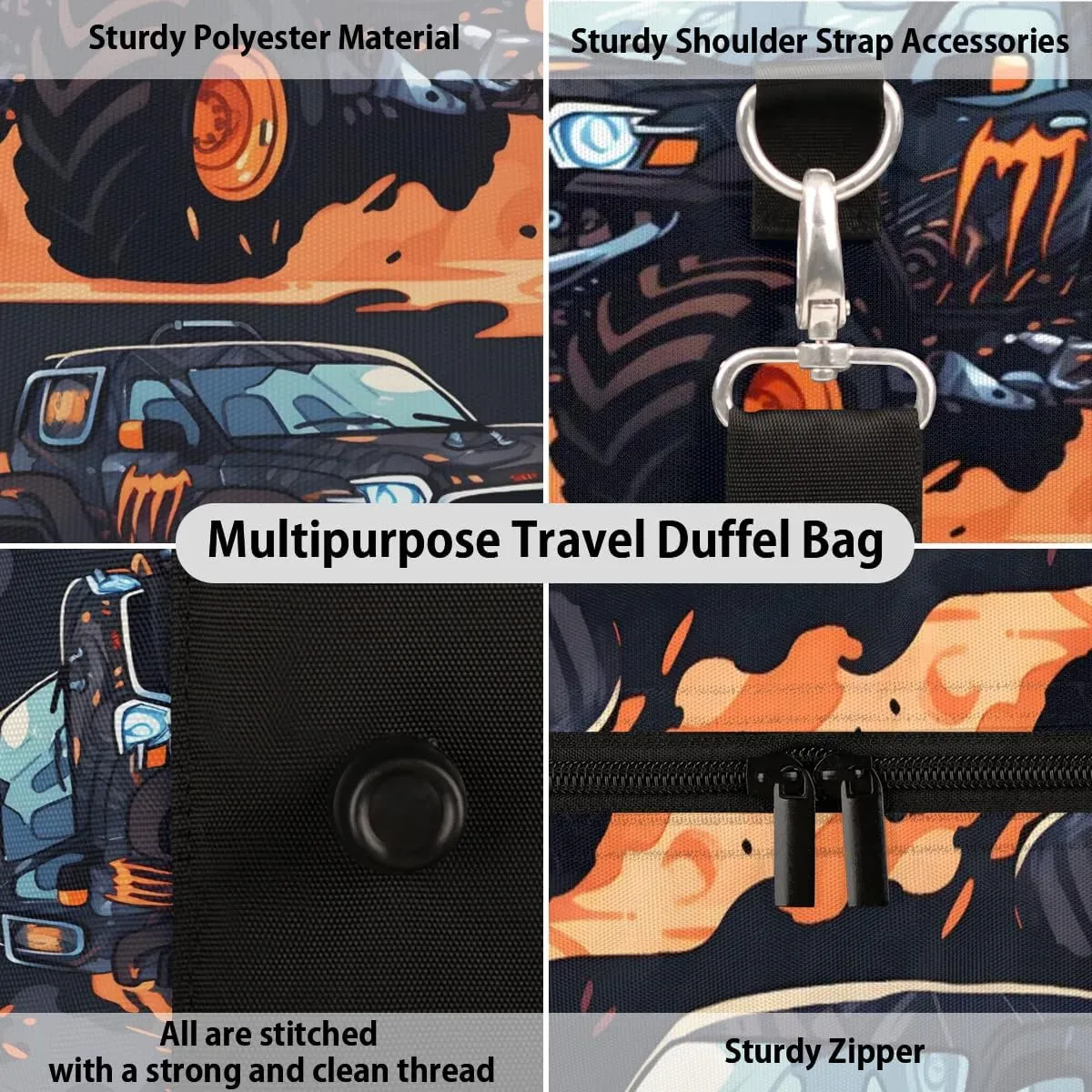 Cartoon Truck Car Travel Duffel Bag for Women Men Waterproof Foldable Overnight Weekender Bag Large Capacity Sports Gym Bag
