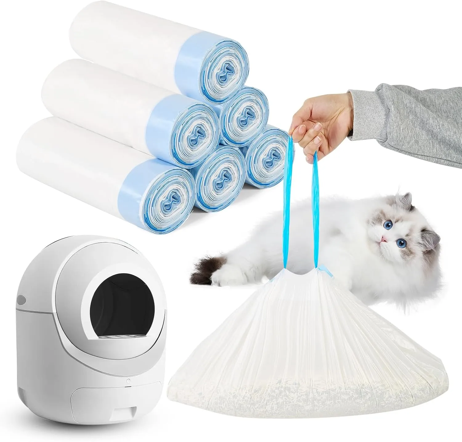 Cat Litter Bags 120 Count, 21.65"x11.8"Drawstring Close Litter Box Liners for Automatic Cat Litter Box,Cat Poop Bags,Easy to Clean,Heavy Duty Litter Robot Bags,Thick Litter Bags for Self-Cleaning Box