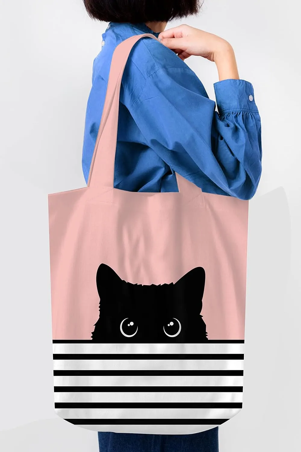 Cat Lover's Tote Bag - Large Pink Tote with Black Cat Design - Reusable Shopping Bag for Women - Hello Kitty Gift