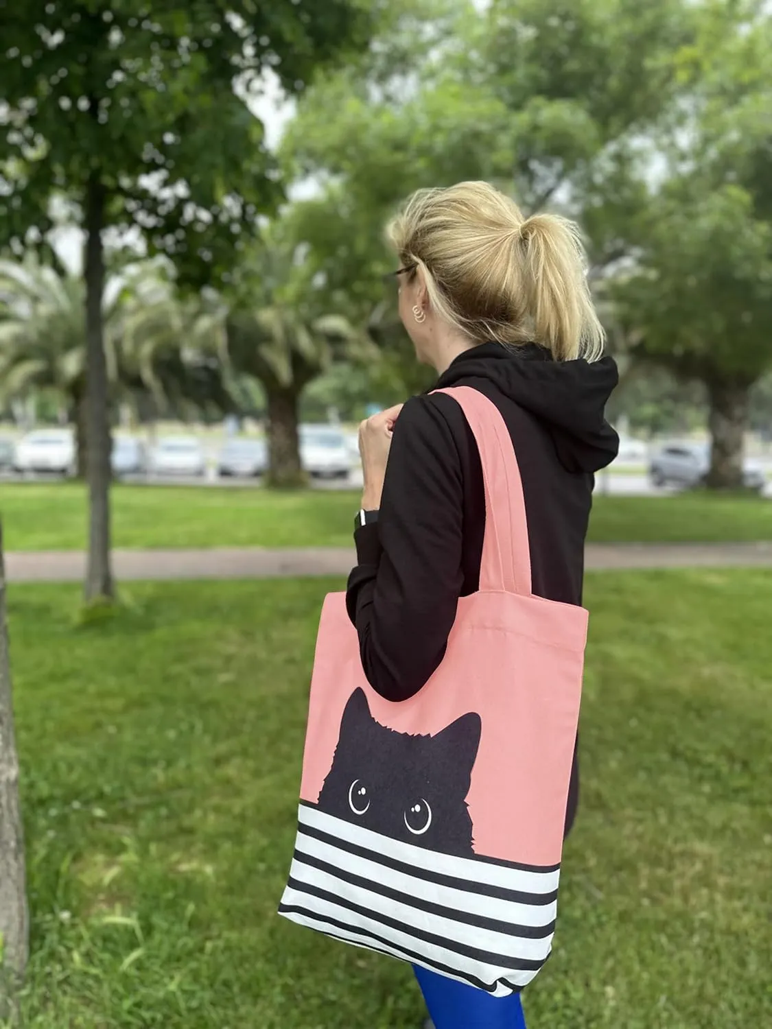 Cat Lover's Tote Bag - Large Pink Tote with Black Cat Design - Reusable Shopping Bag for Women - Hello Kitty Gift