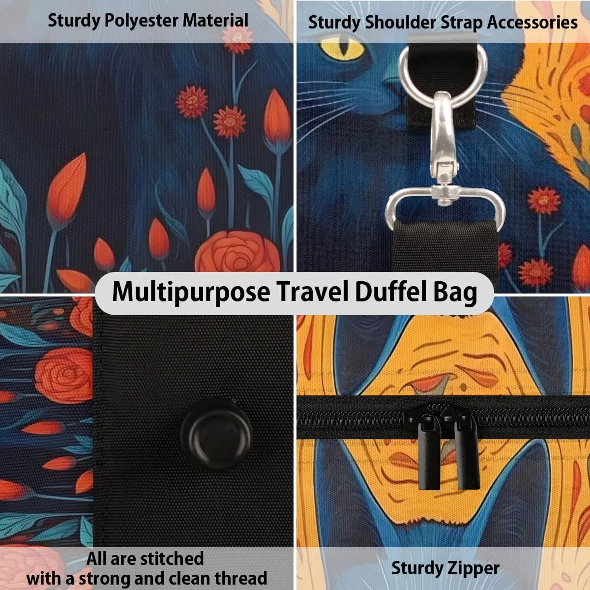 Cat Print Travel Duffel Bag for Women Men Waterproof Foldable Overnight Weekender Bag Large Capacity Sports Gym Bag
