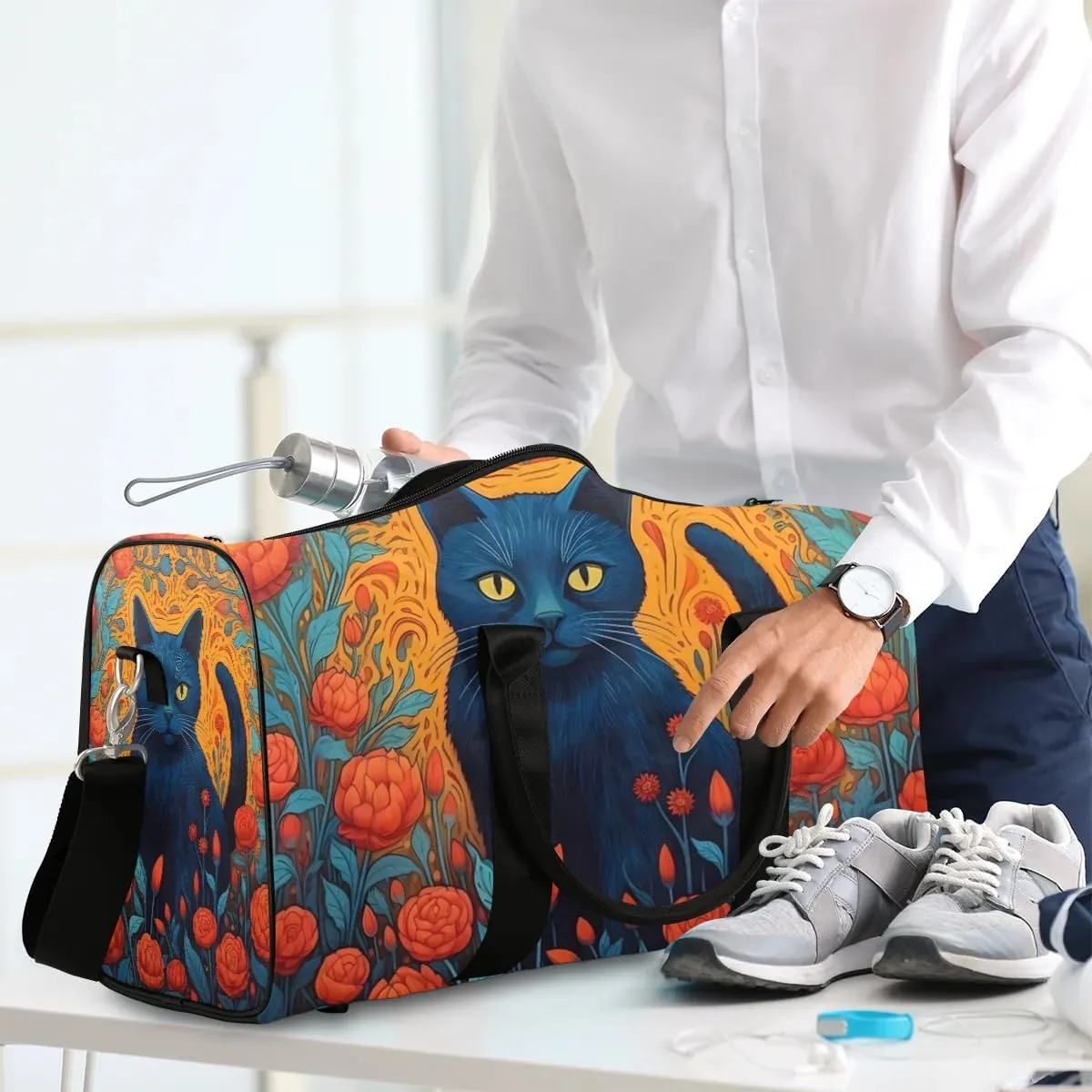 Cat Print Travel Duffel Bag for Women Men Waterproof Foldable Overnight Weekender Bag Large Capacity Sports Gym Bag