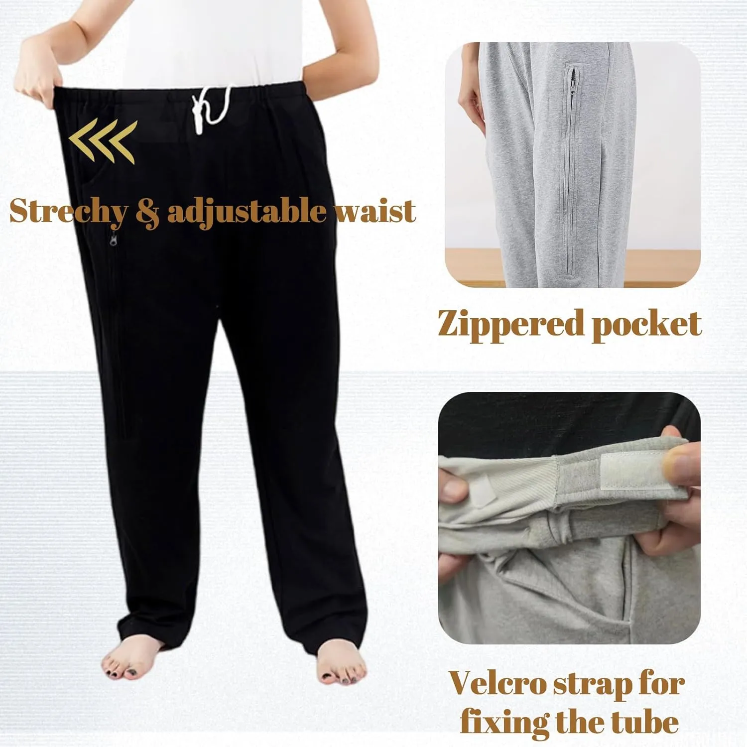 Catheter Pants for Men/Women, Urine Leg Bag Holder Pants with Dual Zippered Pockets Holding Two 2000 ml Foley Catheter Bags for Nephrostomy, Cystostomy(Grey-M)…