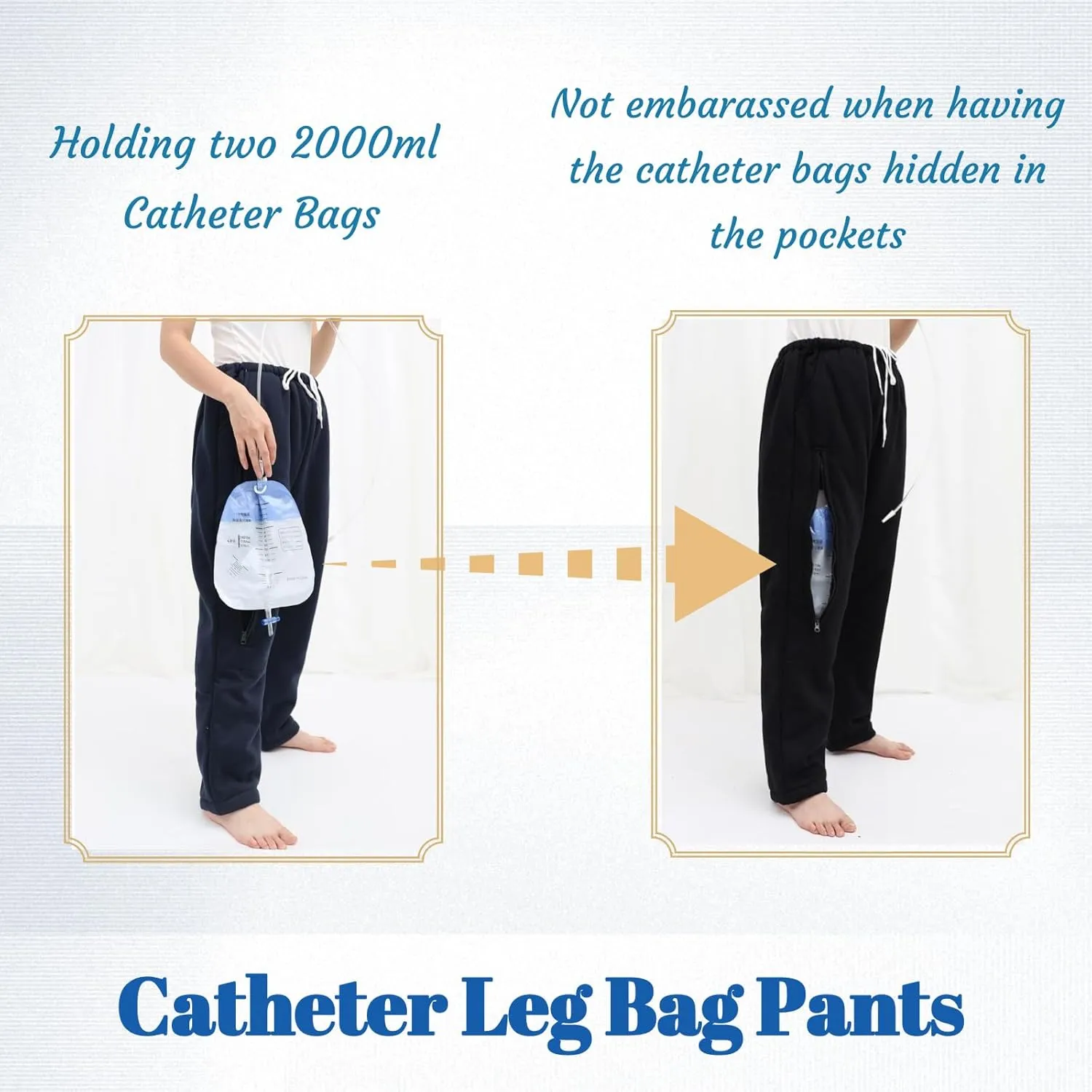 Catheter Pants for Men/Women, Urine Leg Bag Holder Pants with Dual Zippered Pockets Holding Two 2000 ml Foley Catheter Bags for Nephrostomy, Cystostomy(Grey-M)…