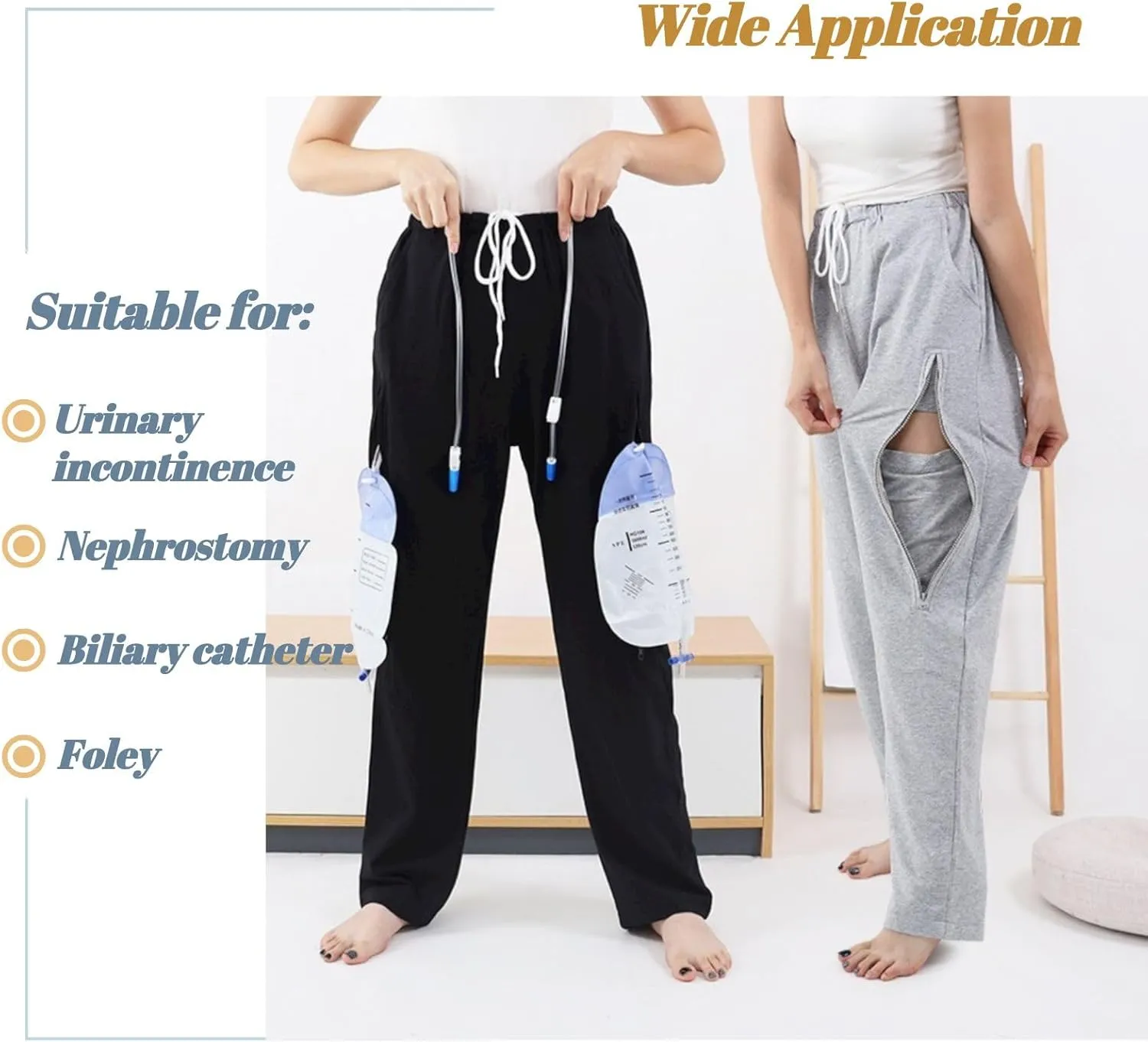Catheter Pants for Men/Women, Urine Leg Bag Holder Pants with Dual Zippered Pockets Holding Two 2000 ml Foley Catheter Bags for Nephrostomy, Cystostomy(Grey-M)…