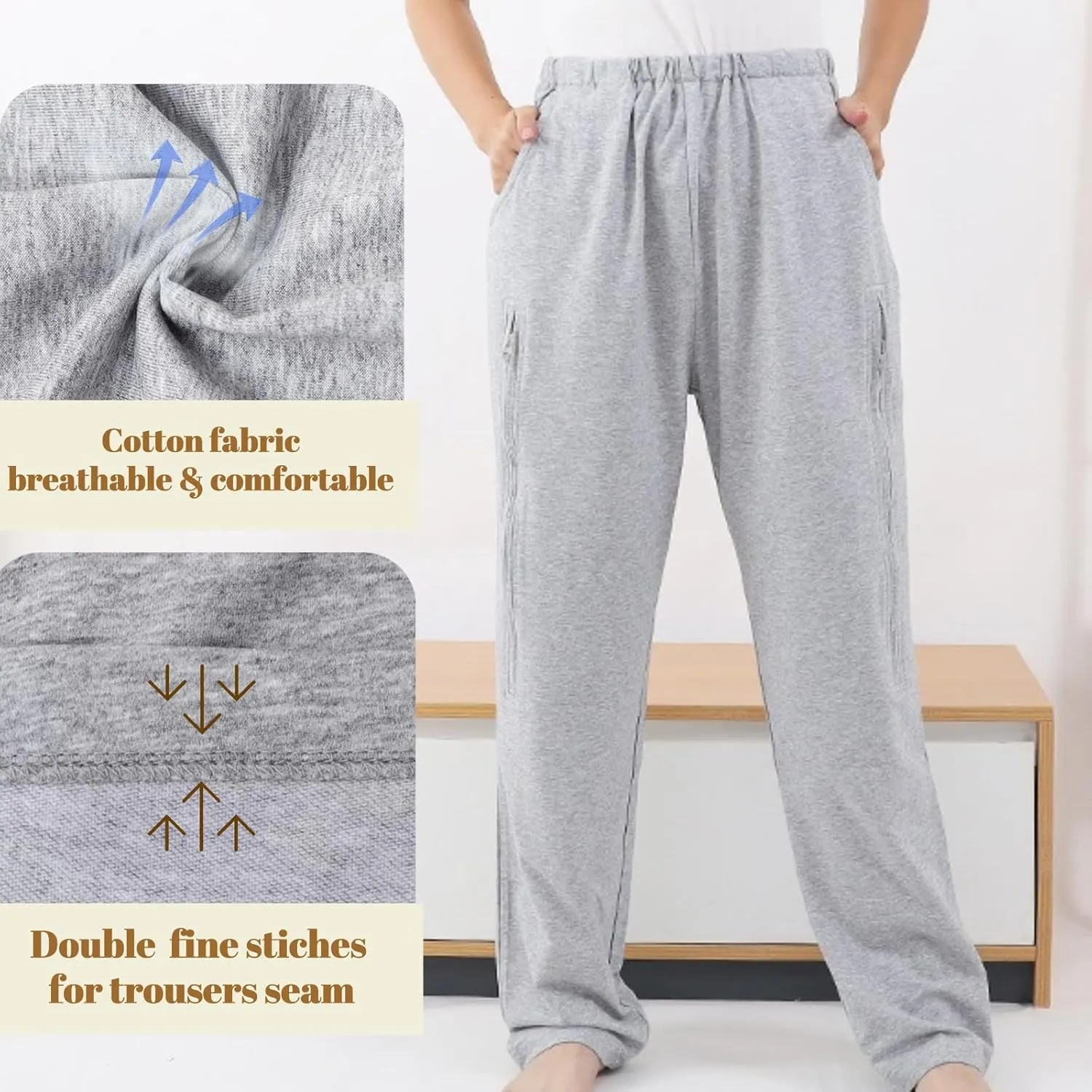 Catheter Pants for Men/Women, Urine Leg Bag Holder Pants with Dual Zippered Pockets Holding Two 2000 ml Foley Catheter Bags for Nephrostomy, Cystostomy(Grey-M)…