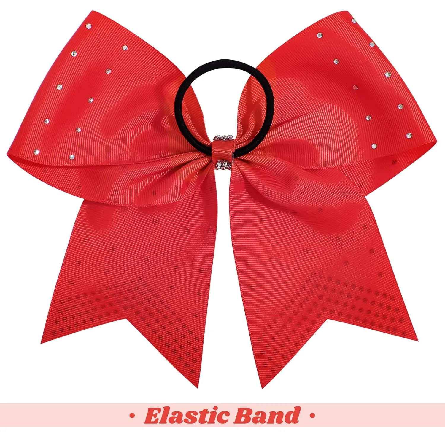 CEELGON Large Rhinestones Cheer Bows, 12 PCS Glitter 7" Cheer Bows Ponytail Holder for Cheerleaders Girls Hair Bows, Red with Full Rhinestone