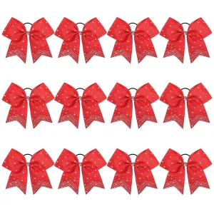 CEELGON Large Rhinestones Cheer Bows, 12 PCS Glitter 7" Cheer Bows Ponytail Holder for Cheerleaders Girls Hair Bows, Red with Full Rhinestone