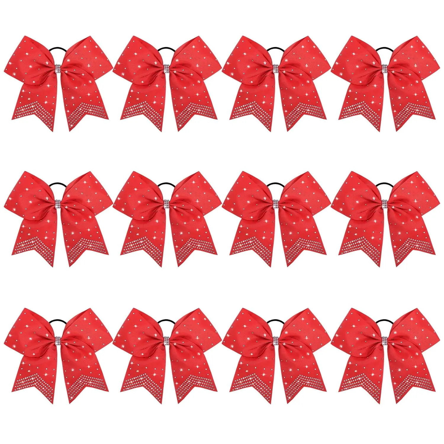 CEELGON Large Rhinestones Cheer Bows, 12 PCS Glitter 7" Cheer Bows Ponytail Holder for Cheerleaders Girls Hair Bows, Red with Full Rhinestone