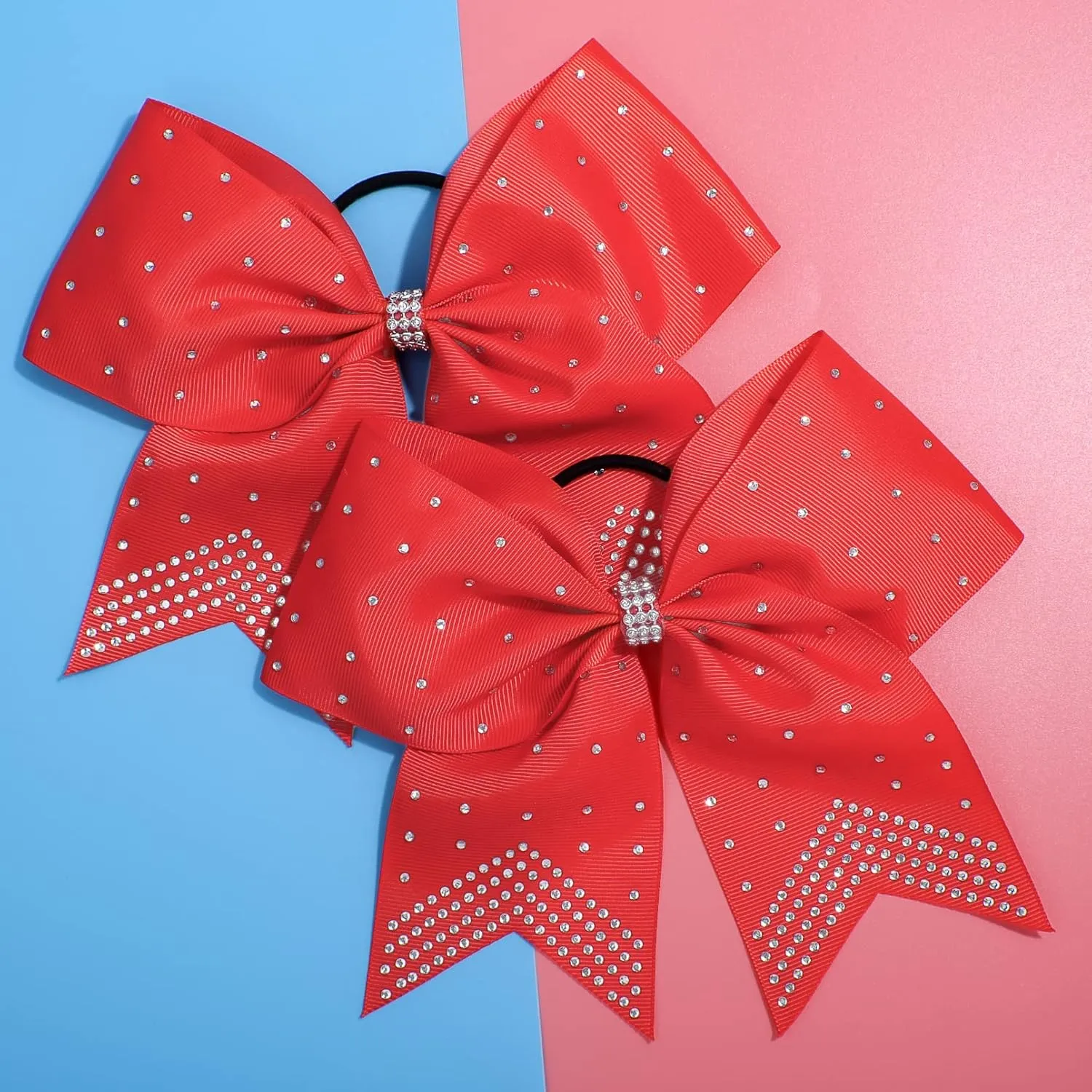 CEELGON Large Rhinestones Cheer Bows, 12 PCS Glitter 7" Cheer Bows Ponytail Holder for Cheerleaders Girls Hair Bows, Red with Full Rhinestone