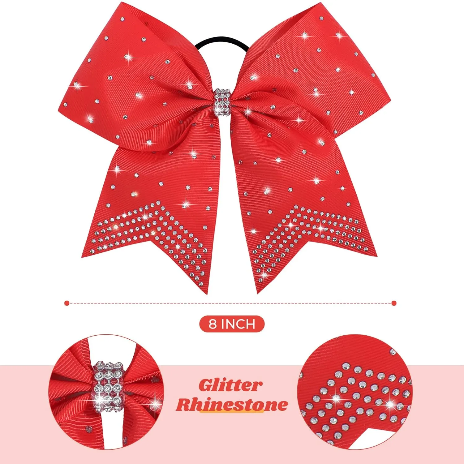 CEELGON Large Rhinestones Cheer Bows, 12 PCS Glitter 7" Cheer Bows Ponytail Holder for Cheerleaders Girls Hair Bows, Red with Full Rhinestone