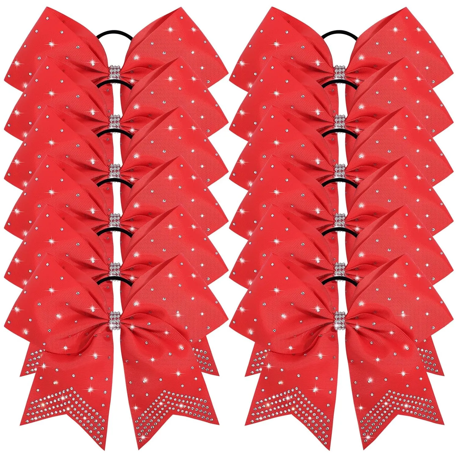 CEELGON Large Rhinestones Cheer Bows, 12 PCS Glitter 7" Cheer Bows Ponytail Holder for Cheerleaders Girls Hair Bows, Red with Full Rhinestone