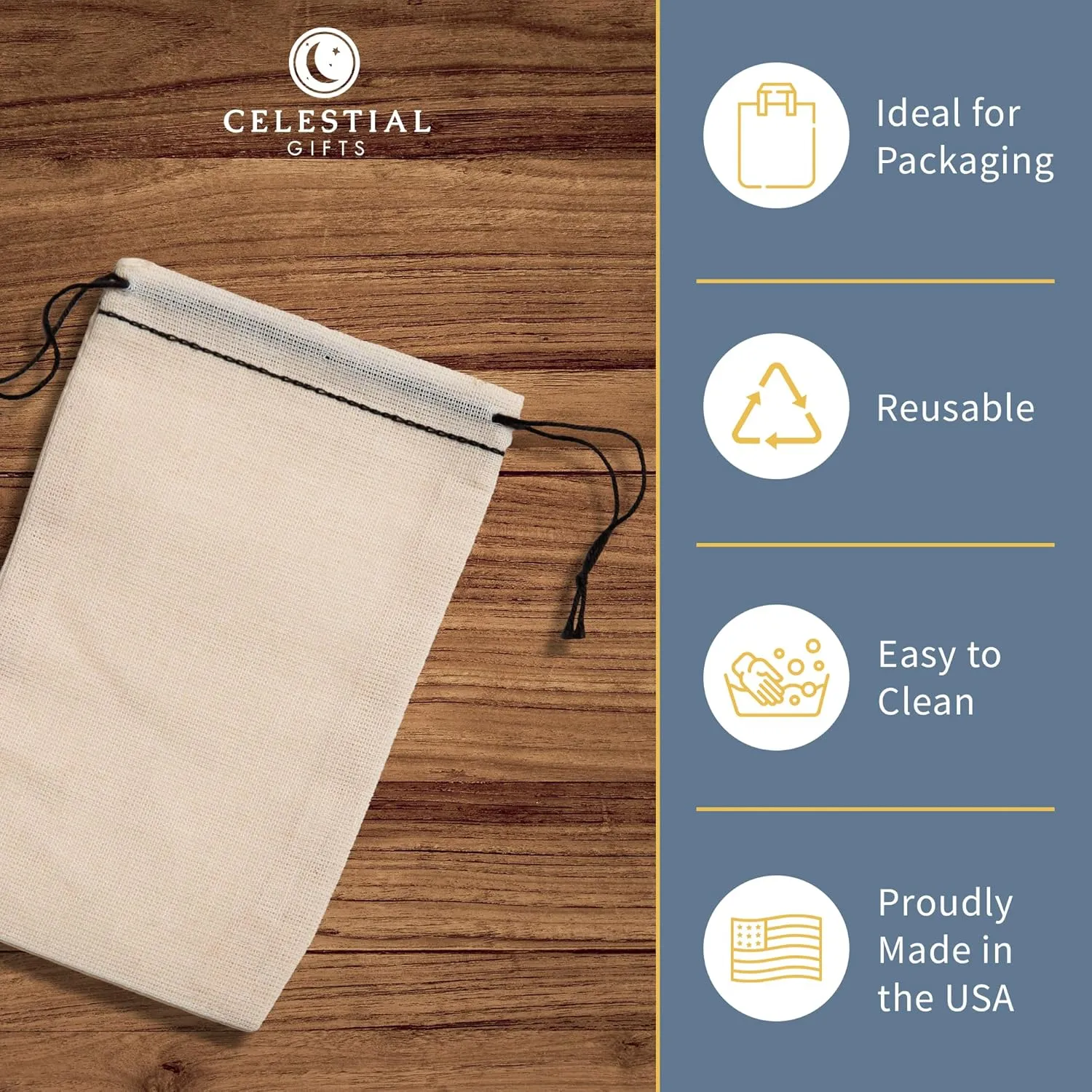Celestial Gifts Muslin Drawstring Bags - 100pcs, 3x5, Reusable Tea, Jewelry Gift, Spice and Cotton Sachet - 100% Cotton - Made in USA - (Black Hem & Drawstring)