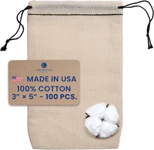 Celestial Gifts Muslin Drawstring Bags - 100pcs, 3x5, Reusable Tea, Jewelry Gift, Spice and Cotton Sachet - 100% Cotton - Made in USA - (Black Hem & Drawstring)