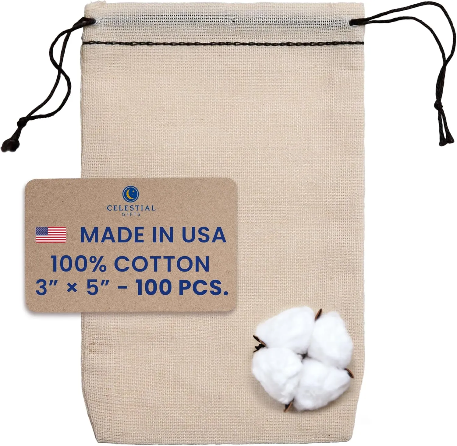 Celestial Gifts Muslin Drawstring Bags - 100pcs, 3x5, Reusable Tea, Jewelry Gift, Spice and Cotton Sachet - 100% Cotton - Made in USA - (Black Hem & Drawstring)