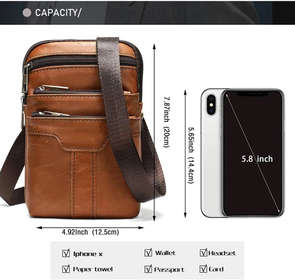 Cell Phone Shoulder Bag for Mens, PU Leather Smartphone Waist Belt Bag, Retro Multiple Pockets Leather Cellphone Case Belt Pouch Holder Crossbody Holster Hip Bum Bag with Carabiner and Belt Loop