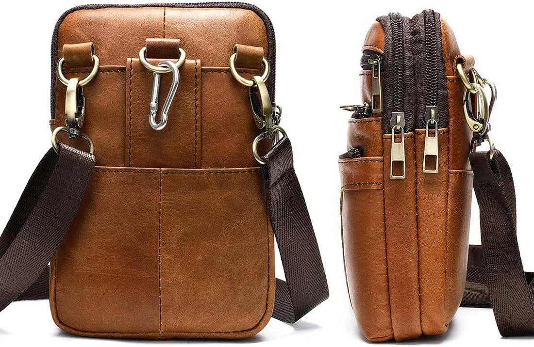Cell Phone Shoulder Bag for Mens, PU Leather Smartphone Waist Belt Bag, Retro Multiple Pockets Leather Cellphone Case Belt Pouch Holder Crossbody Holster Hip Bum Bag with Carabiner and Belt Loop