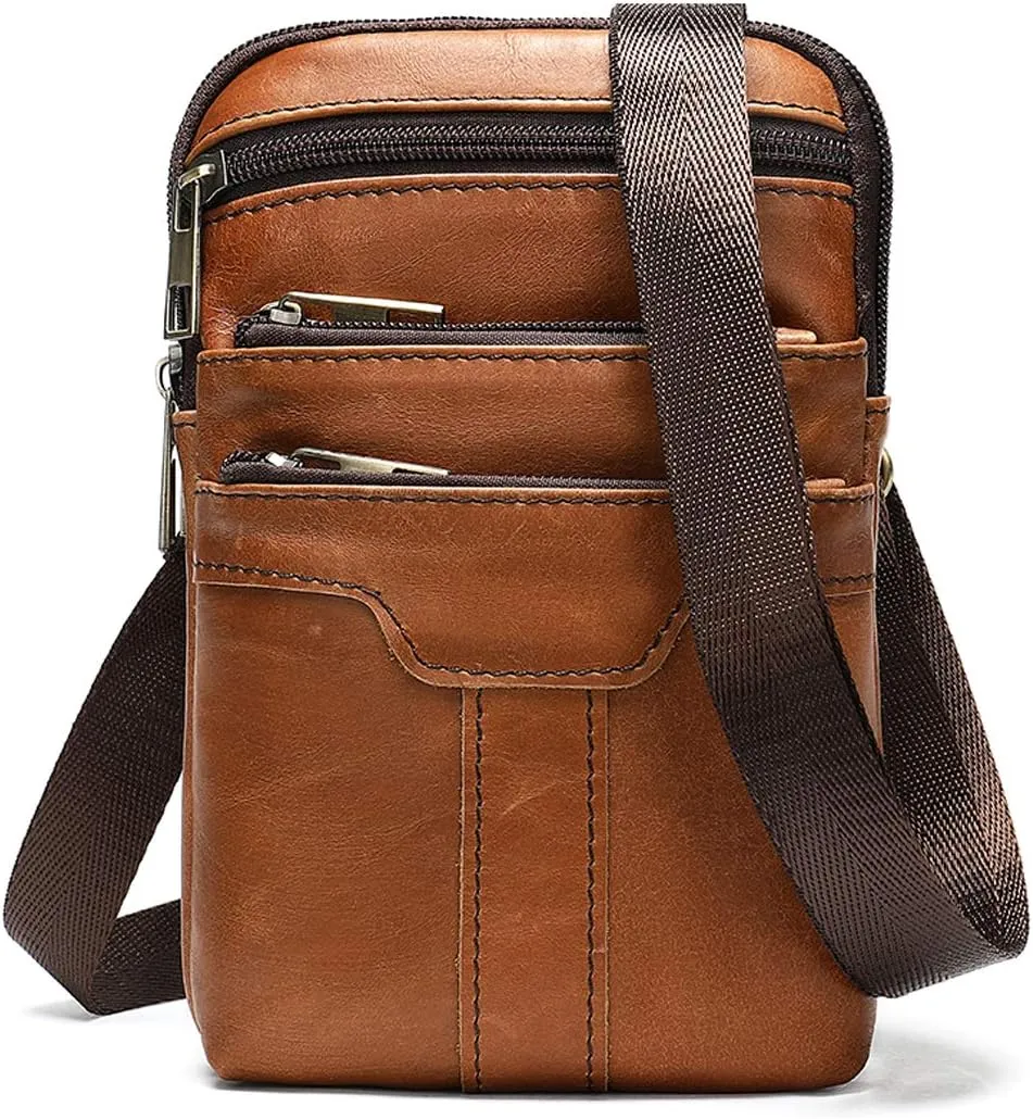 Cell Phone Shoulder Bag for Mens, PU Leather Smartphone Waist Belt Bag, Retro Multiple Pockets Leather Cellphone Case Belt Pouch Holder Crossbody Holster Hip Bum Bag with Carabiner and Belt Loop