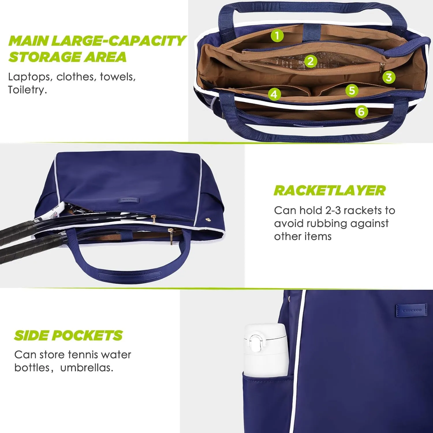 CHICECO Tennis Tote Bag for Women, Large Tennis Racket Bag, tennis bag 2 rackets,Pickleball Bag,Padel Bag