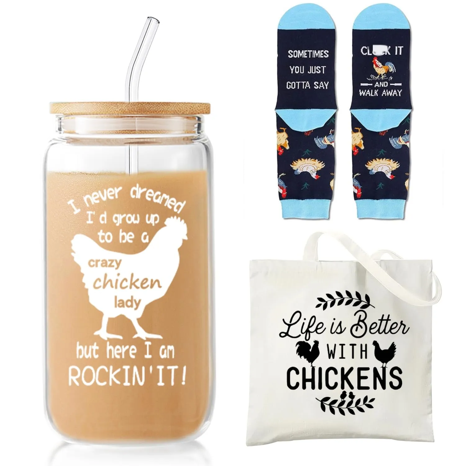 Chicken Lover Mothers Day Gifts for Women, Funny Chicken Themed Accessories, 16 Oz Glass Cups with Lids & Straws, Cute Canvas Tote Bag, Women's Cozy Socks, Perfect for Moms, Farmers