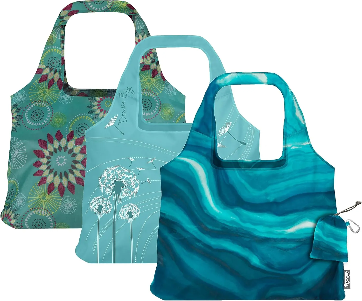 ChicoBag Vita Reusable Bag with Built-In Pouch and Carabiner Clip | Large-Capacity Shoulder Bag | Eco-Conscious Packable Tote | Variety 3pk - Calm, Dream, & Aqua Dandelion (Pack of 3)