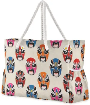 Chinese Unique Peking Opera Facial Makeup Rubber Beach Bag Waterproof Sandproof with side pockets Large Beach Tote for Gym Travel Daily