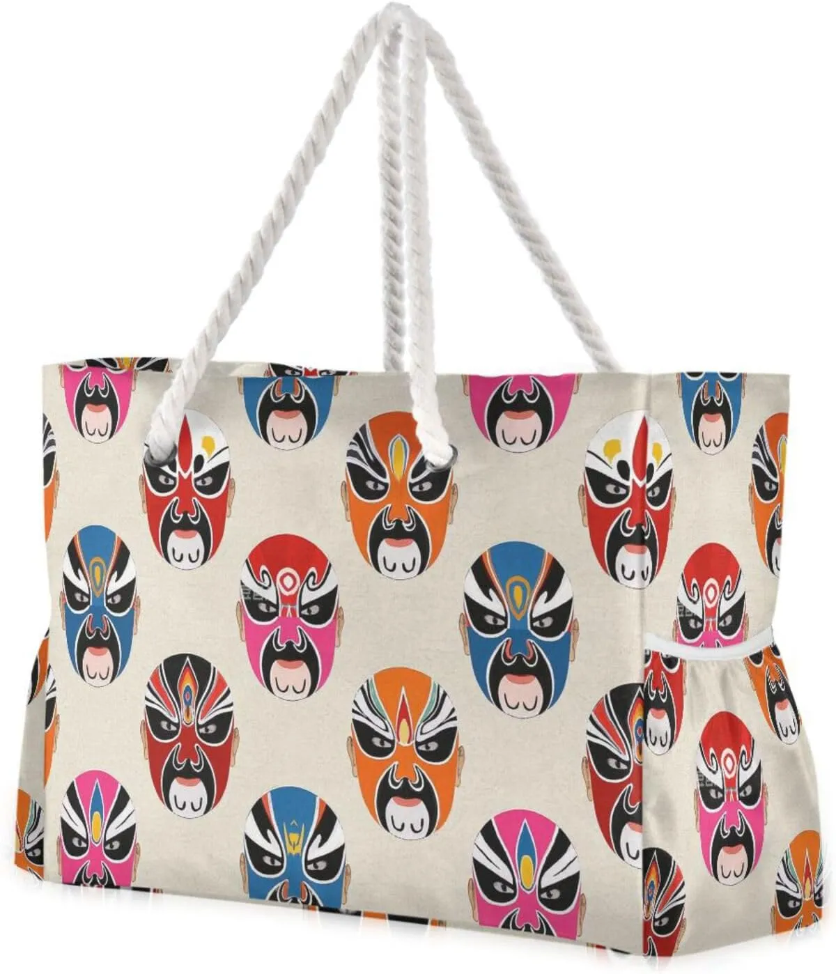 Chinese Unique Peking Opera Facial Makeup Rubber Beach Bag Waterproof Sandproof with side pockets Large Beach Tote for Gym Travel Daily