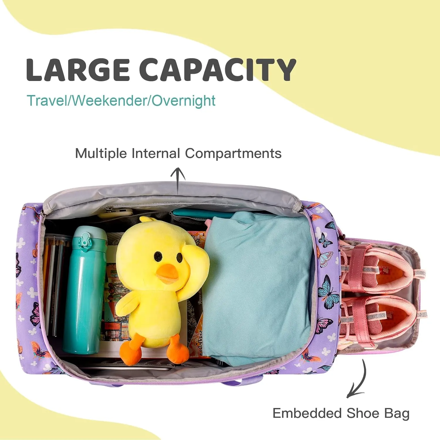 Choco Mocha Girls Mermaid Suitcase with Wheels Kids Purple Rolling Duffle Bag for Camping Teen Girls Toddler Luggage Bag for Travel, 22inch