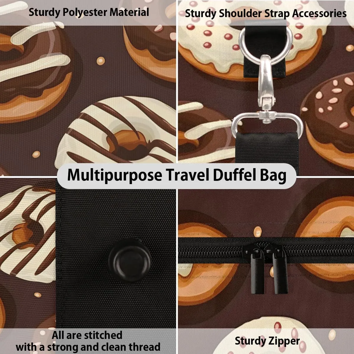 Chocolate Donuts Travel Duffel Bag for Women Men Waterproof Foldable Overnight Weekender Bag Large Capacity Sports Gym Bag