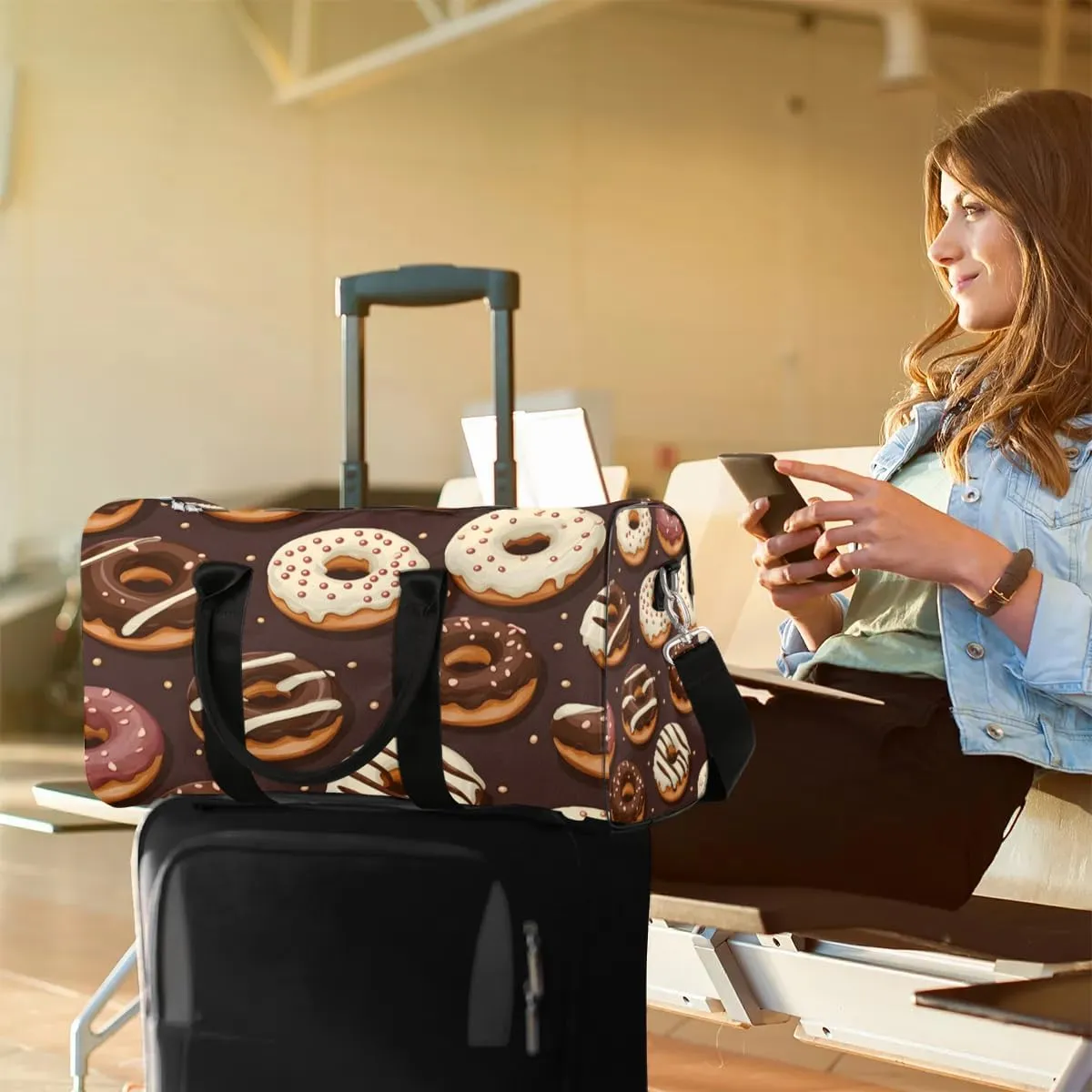 Chocolate Donuts Travel Duffel Bag for Women Men Waterproof Foldable Overnight Weekender Bag Large Capacity Sports Gym Bag