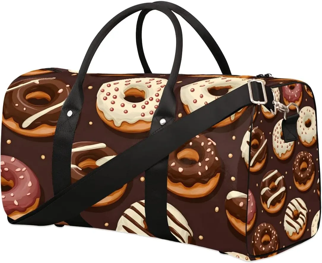 Chocolate Donuts Travel Duffel Bag for Women Men Waterproof Foldable Overnight Weekender Bag Large Capacity Sports Gym Bag