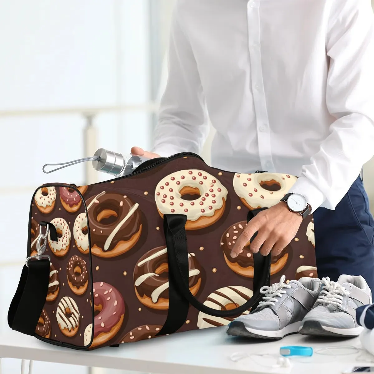 Chocolate Donuts Travel Duffel Bag for Women Men Waterproof Foldable Overnight Weekender Bag Large Capacity Sports Gym Bag