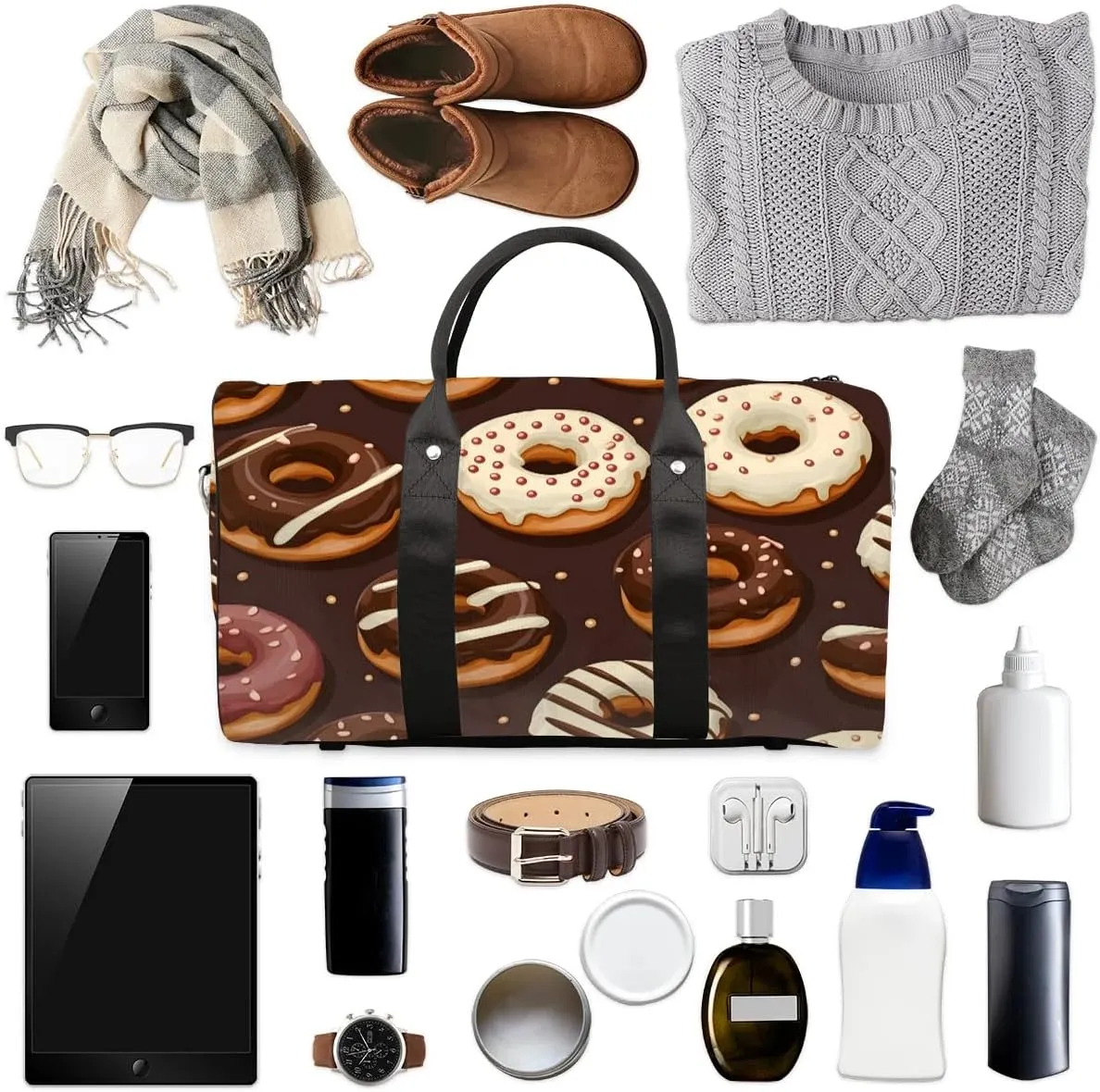 Chocolate Donuts Travel Duffel Bag for Women Men Waterproof Foldable Overnight Weekender Bag Large Capacity Sports Gym Bag