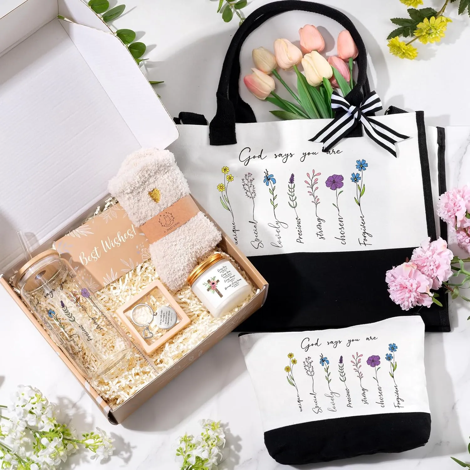 Christian Gifts for Women Faith, Inspirational Religious Gifts for Women Mom Grandma Sister Friends Encouragement Gift Basket with Canvas Tote Bag 16oz Can Glass, Unique Birthday Christmas Gift Ideas