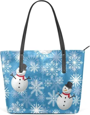 Christmas Top Handle Bag for Women Blue Snowflake Snowman Vegan Leather Lady Purse Shoulder Bag Travel Satchel Gym Beach Tote with Zipper Xmas Weekender Handbag