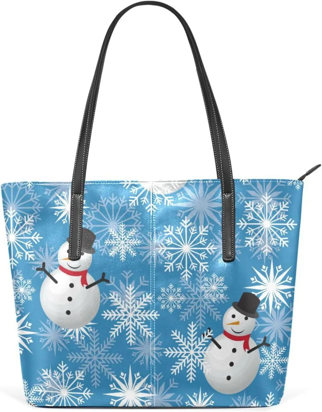Christmas Top Handle Bag for Women Blue Snowflake Snowman Vegan Leather Lady Purse Shoulder Bag Travel Satchel Gym Beach Tote with Zipper Xmas Weekender Handbag