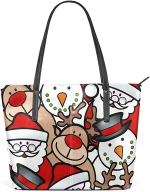 Christmas Top Handle Bag for Women Xmas Santa Snowman Reindeer Vegan Leather Lady Purse Shoulder Bag Travel Satchel Gym Beach Tote with Zipper Xmas Weekender Handbag