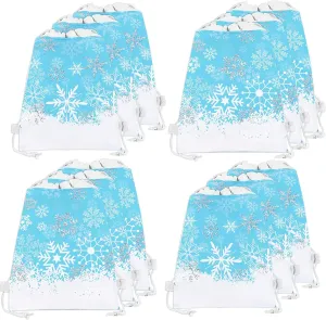 CIEOVO 12 Pack Snowflake Party Drawstring Party Favor Gift Bags Gift Backpack Treat Goody Bag for Frozen Winter Theme Christmas New Year Winter Holiday Birthday Baby Shower Party Supplies Decorations