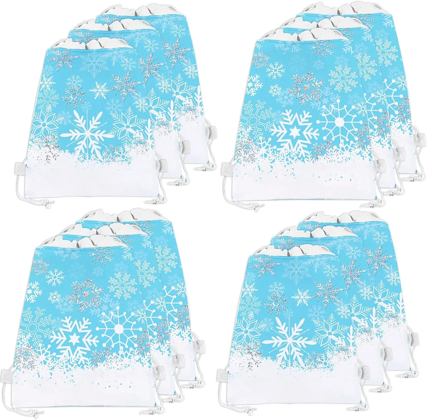CIEOVO 12 Pack Snowflake Party Drawstring Party Favor Gift Bags Gift Backpack Treat Goody Bag for Frozen Winter Theme Christmas New Year Winter Holiday Birthday Baby Shower Party Supplies Decorations